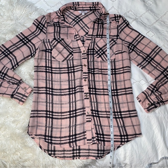 Candie’s | Pink Plaid Lightweight Sheer Flannel Button Ip Top Cutout Shoulders - Picture 12 of 13